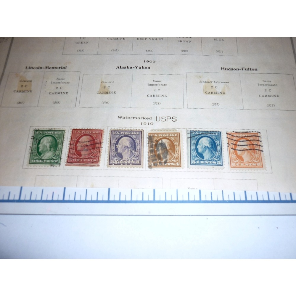 1910 Watermarked USPS Washington Stamps Set 1c to 6c 1909 Album Page Section